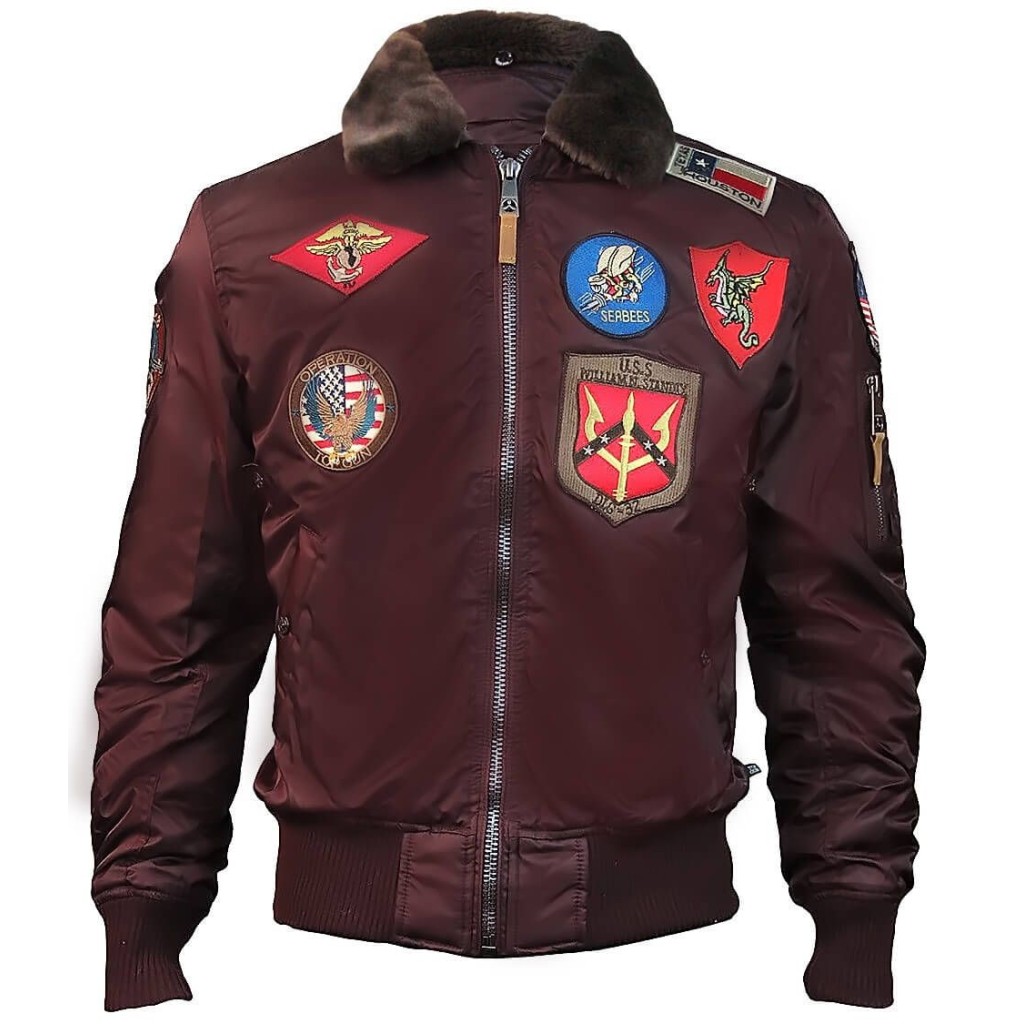 Top Gun® Official B-15 Men's Flight Bomber Jacket with Patches - Burgundy