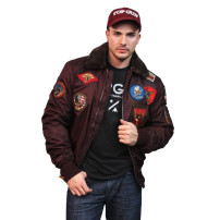 Top Gun® Official B-15 Men's Flight Bomber Jacket with Patches - Burgundy