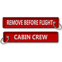 Breloc brodat Cabin Crew - Remove Before Flight - Rosu